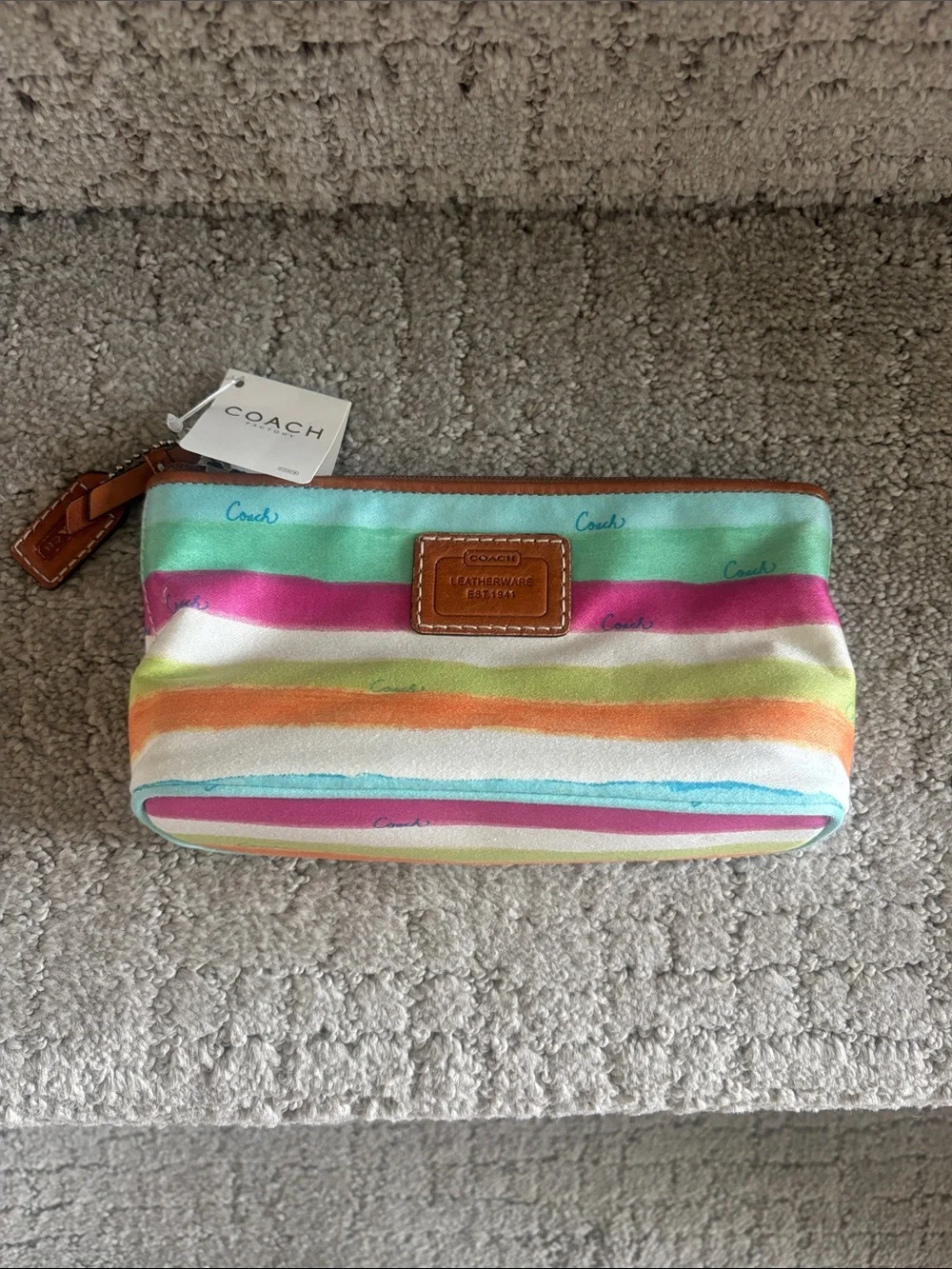 Coach Striped Multicolor Canvas Cosmetic Pouch - Pink, Green, Orange, Blue